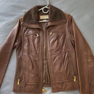 Michael Kors Brown Leather Bomber Jacket